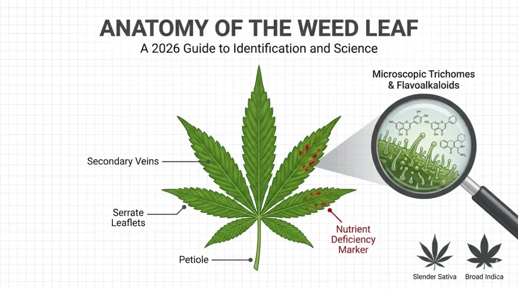 A 2026 scientific anatomical diagram of a Weed Leaf (Cannabis sativa) showing serrate leaflets, secondary veins, and petiole. The image features a magnifying glass inset of microscopic trichomes and flavoalkaloid structures, along with a comparison between slender Sativa and broad Indica leaves and nutrient deficiency markers.