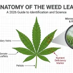 A 2026 scientific anatomical diagram of a Weed Leaf (Cannabis sativa) showing serrate leaflets, secondary veins, and petiole. The image features a magnifying glass inset of microscopic trichomes and flavoalkaloid structures, along with a comparison between slender Sativa and broad Indica leaves and nutrient deficiency markers.