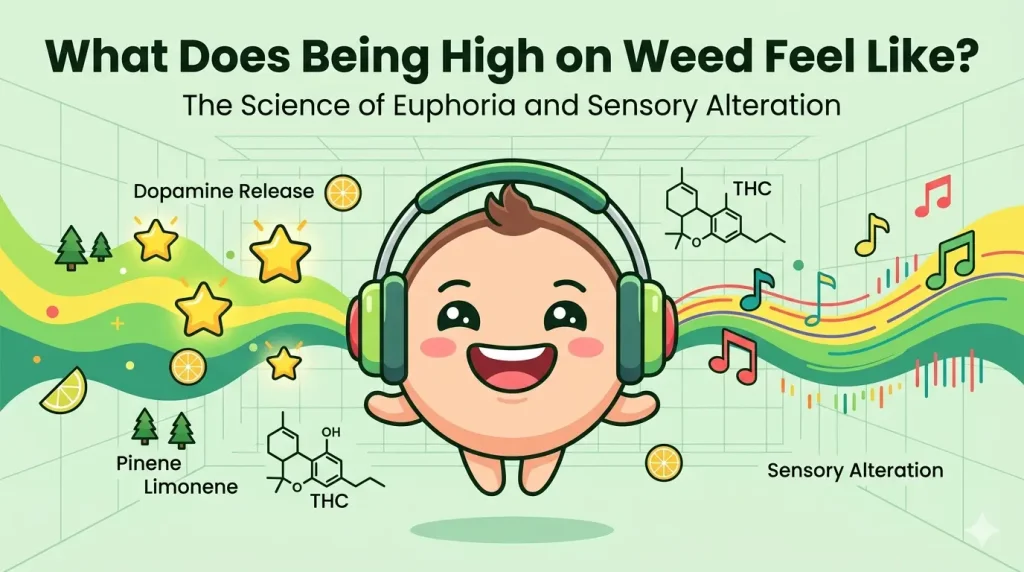Infographic explaining what being high on weed feels like, featuring THC molecules, dopamine release, and sensory alteration with pinene and limonene terpenes.