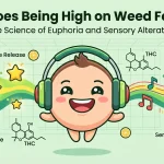 Infographic explaining what being high on weed feels like, featuring THC molecules, dopamine release, and sensory alteration with pinene and limonene terpenes.