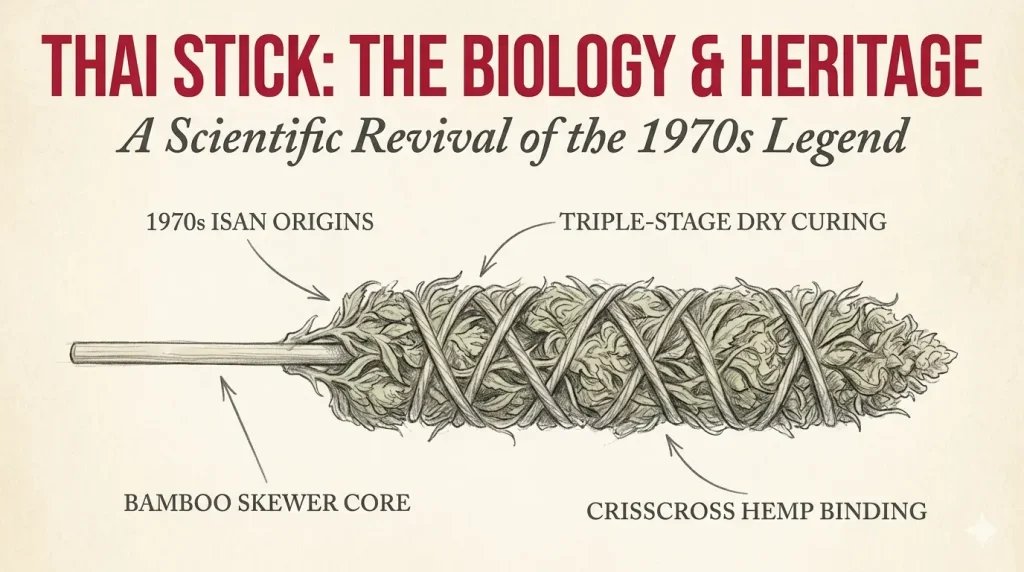 Vintage botanical pencil sketch of a traditional Thai Stick cannabis cigar on parchment paper, featuring a bamboo skewer core, crisscross hemp binding, and educational text about its 1970s origins.