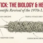 Vintage botanical pencil sketch of a traditional Thai Stick cannabis cigar on parchment paper, featuring a bamboo skewer core, crisscross hemp binding, and educational text about its 1970s origins.