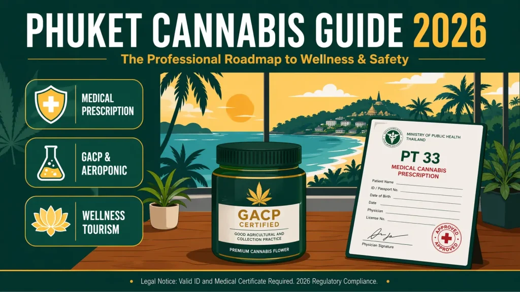 2026 Phuket cannabis guide cover featuring GACP certified premium flower, Thailand medical prescription document, and wellness tourism icons against a scenic Phuket beach background.