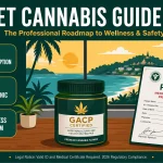 2026 Phuket cannabis guide cover featuring GACP certified premium flower, Thailand medical prescription document, and wellness tourism icons against a scenic Phuket beach background.