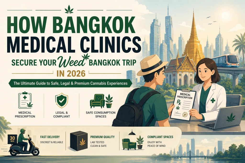 A clean 2D flat illustration cover showing a tourist receiving a medical cannabis prescription from a clinic doctor in Bangkok, with a modern city skyline, minimal icons for legal compliance and safe consumption, and bold headline text about medical cannabis travel in 2026.