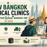 A clean 2D flat illustration cover showing a tourist receiving a medical cannabis prescription from a clinic doctor in Bangkok, with a modern city skyline, minimal icons for legal compliance and safe consumption, and bold headline text about medical cannabis travel in 2026.