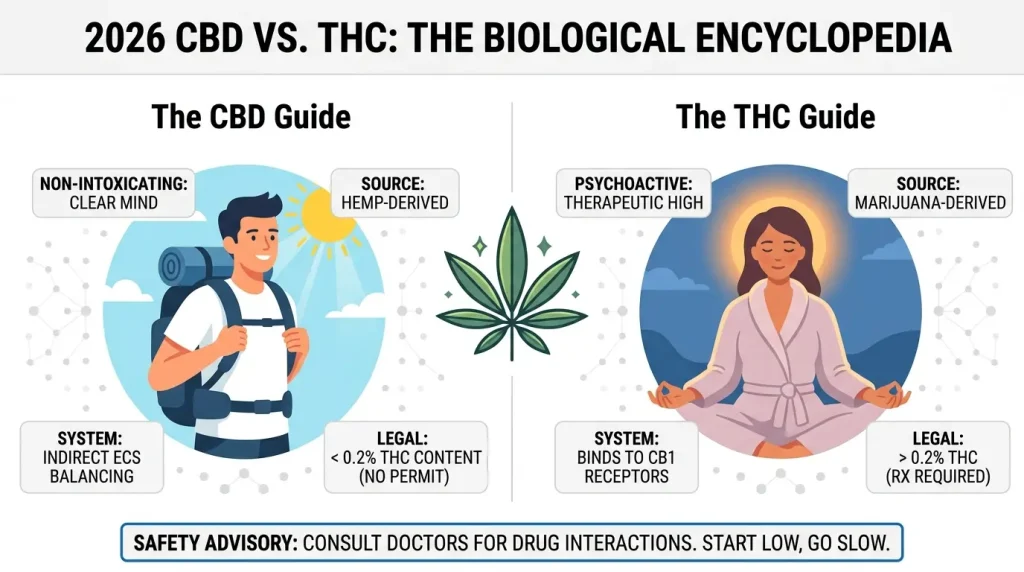 Infographic comparing 2026 CBD vs THC biological differences including legality in Thailand and plant sources