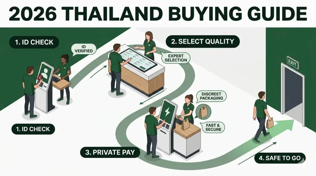 Infographic of the 2026 Thailand cannabis buying guide illustrating the 4-step process at a weed shop: ID verification, expert quality selection, private payment with discreet packaging, and secure exit.