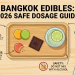 Infographic of Bangkok Edibles 2026 Safe Dosage Guide featuring cannabis gummies, chocolate, and drink with safety instructions.