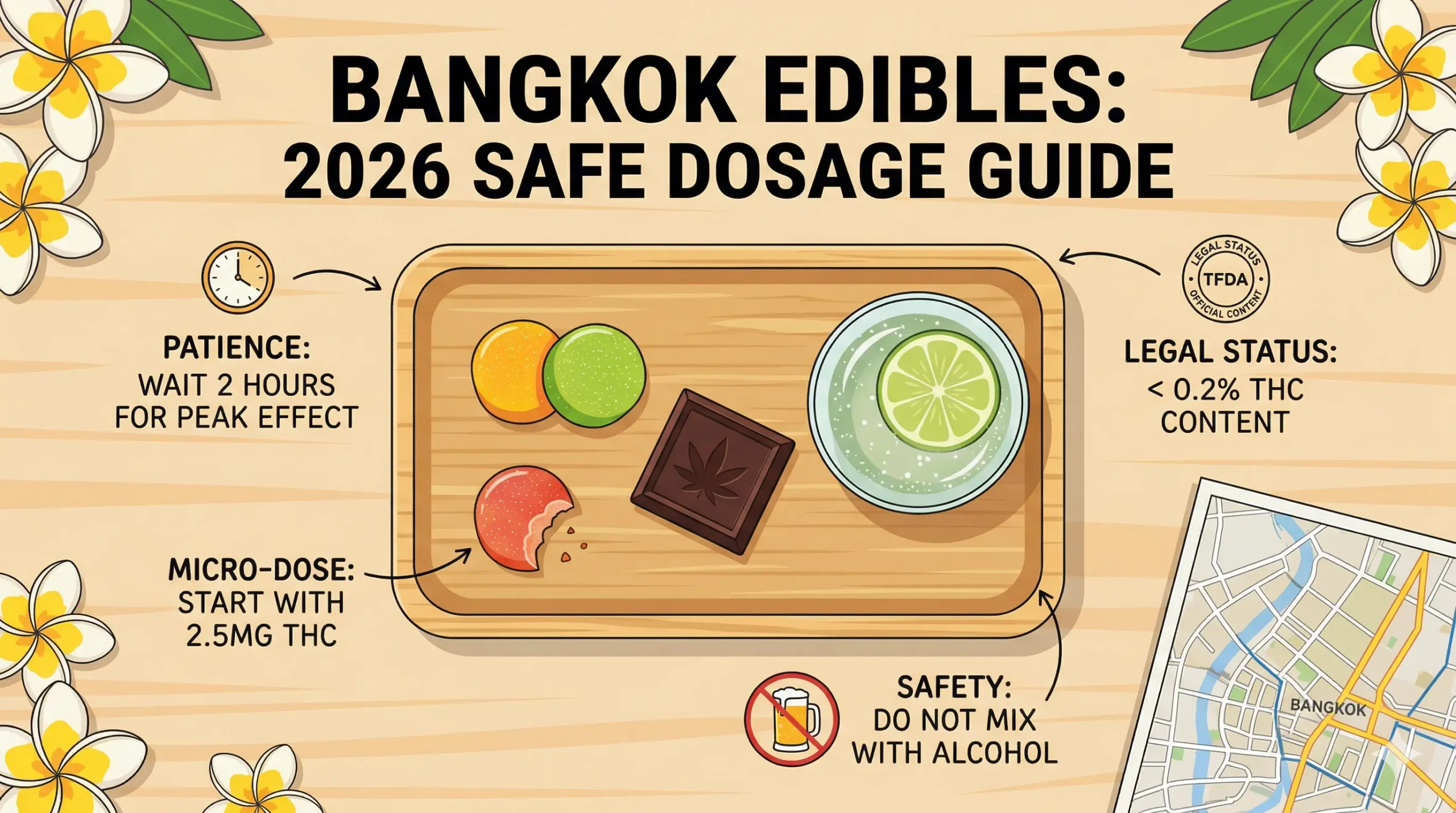 Infographic of Bangkok Edibles 2026 Safe Dosage Guide featuring cannabis gummies, chocolate, and drink with safety instructions.