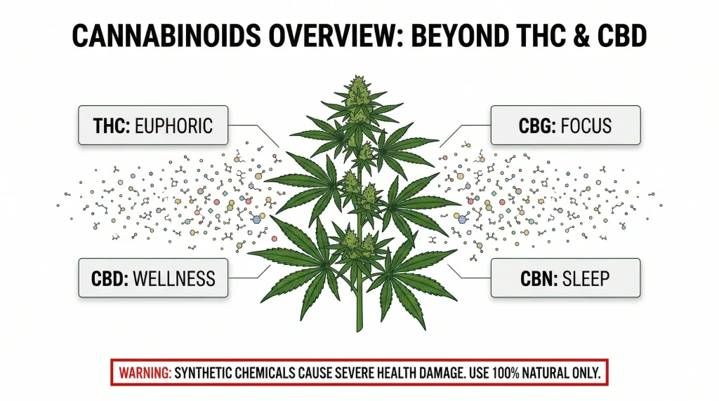 Infographic overview of cannabinoids beyond THC and CBD including CBG for focus and CBN for sleep with a warning against synthetic chemicals.