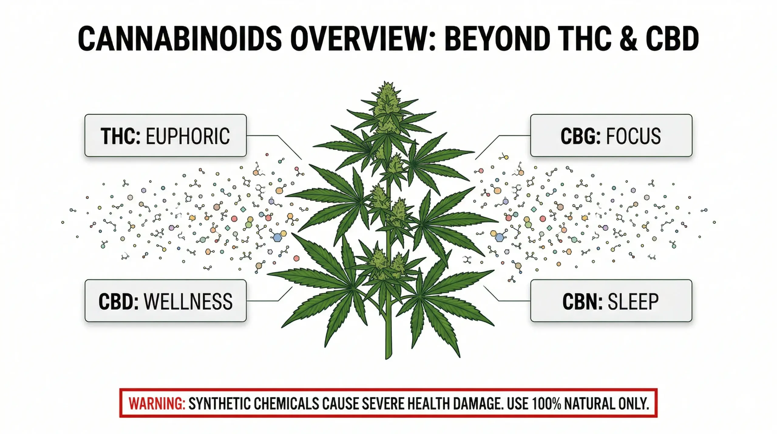 Infographic overview of cannabinoids beyond THC and CBD including CBG for focus and CBN for sleep with a warning against synthetic chemicals.