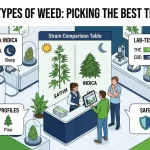Infographic guide illustrating different types of weed strains and how to choose marijuana in a Thai dispensary.
