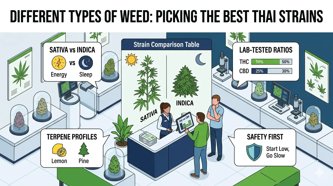 Infographic guide illustrating different types of weed strains and how to choose marijuana in a Thai dispensary.