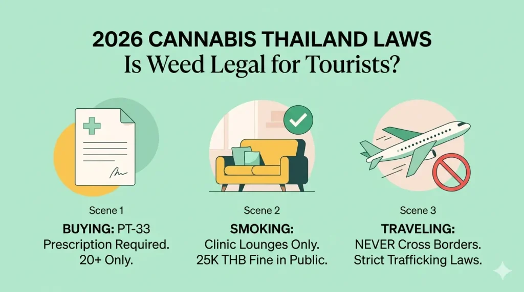Infographic illustration of 2026 Thailand cannabis laws for tourists, showing three scenes: medical prescription requirements (PT-33), authorized clinic lounges for smoking with fine warnings, and a strict no-border-crossing travel alert.
