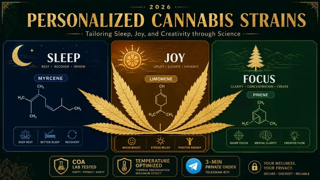 2026 scientific guide to personalized cannabis strains. Horizontal 16:9 illustration featuring a triptych layout for Sleep (Myrcene), Joy (Limonene), and Focus (Pinene). Features a gold-foil cannabis leaf, COA lab testing badges, and private ordering information. Modern 2D luxury flat design in forest green and gold.