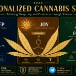 2026 scientific guide to personalized cannabis strains. Horizontal 16:9 illustration featuring a triptych layout for Sleep (Myrcene), Joy (Limonene), and Focus (Pinene). Features a gold-foil cannabis leaf, COA lab testing badges, and private ordering information. Modern 2D luxury flat design in forest green and gold.