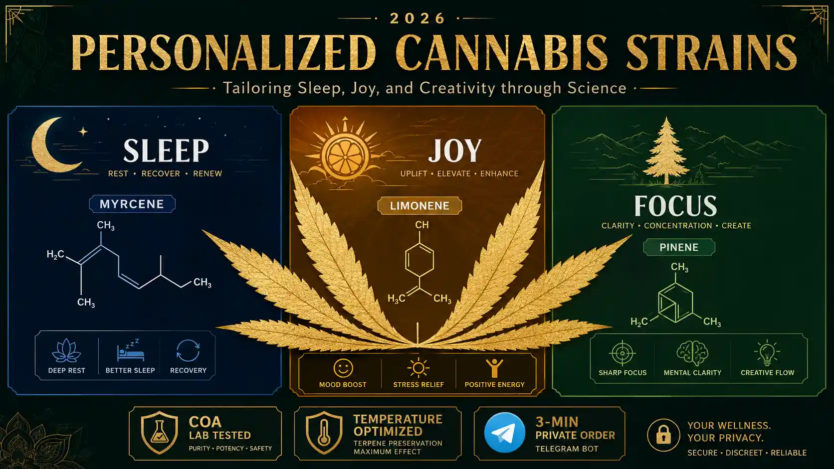 2026 scientific guide to personalized cannabis strains. Horizontal 16:9 illustration featuring a triptych layout for Sleep (Myrcene), Joy (Limonene), and Focus (Pinene). Features a gold-foil cannabis leaf, COA lab testing badges, and private ordering information. Modern 2D luxury flat design in forest green and gold.