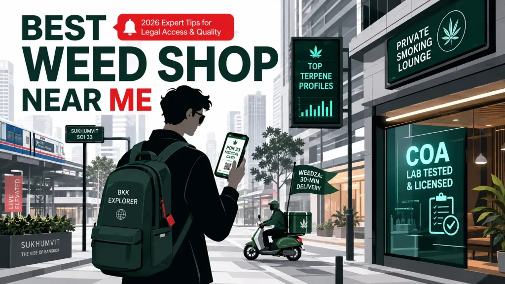 2026 Bangkok weed shop near me guide illustration. 16:9 horizontal editorial art showing a traveler using a Por 33 Medical Card on a smartphone in a modern Sukhumvit street. Integrated signs for COA lab testing, Weedza 30-minute delivery, and private smoking lounges. Modern flat design in green and red.