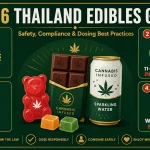 026 Thailand cannabis edibles safety and dosing guide infographic. Horizontal 16:9 cover showing 2D icons of cannabis gummies and chocolates with labels for the