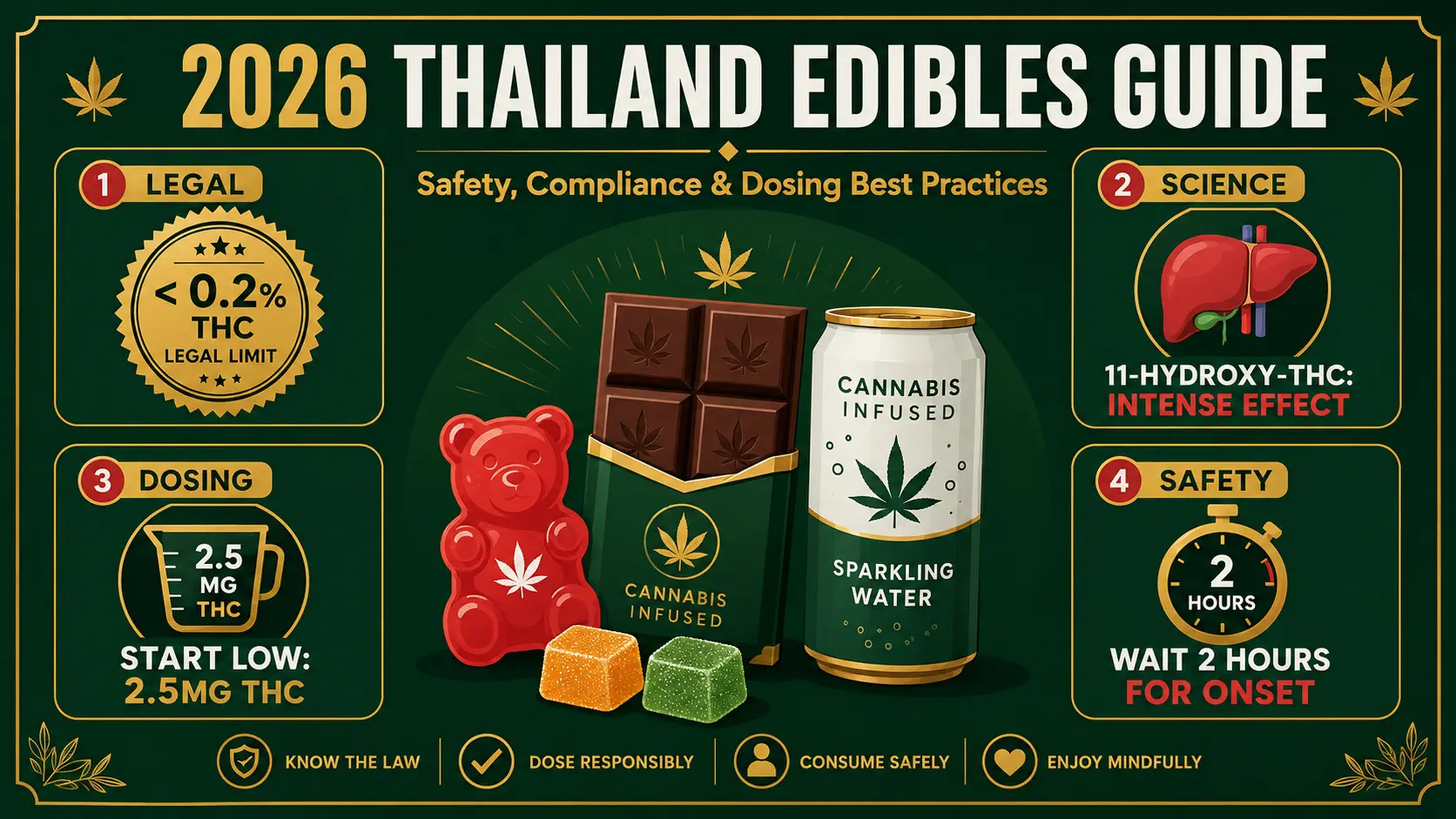 026 Thailand cannabis edibles safety and dosing guide infographic. Horizontal 16:9 cover showing 2D icons of cannabis gummies and chocolates with labels for the