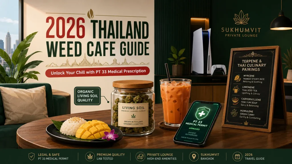2026 Thailand weed cafe guide illustration. Horizontal 16:9 cover showing a luxury Sukhumvit lounge interior with Thai iced tea, mango sticky rice, and organic living soil cannabis. Features icons for PT 33 medical prescription and PS5 gaming amenities. Modern 2D flat design in forest green and mango yellow.