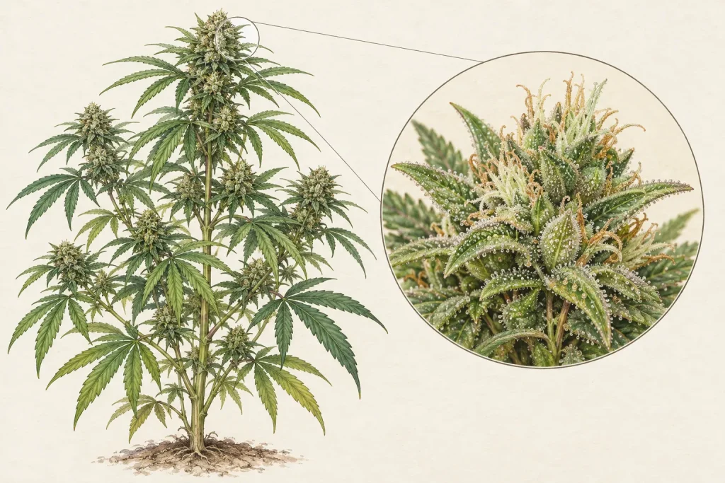Botanical illustration showing a cannabis plant beside a magnified flowering inflorescence.