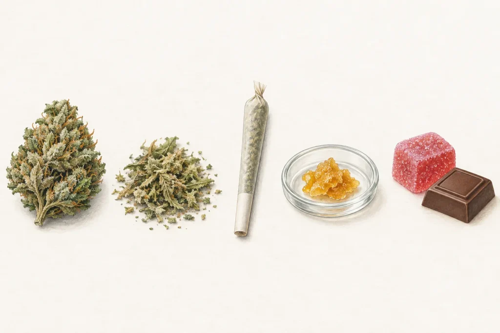 Illustration comparing dried cannabis flower, trim or shake, a pre-roll, concentrate, and an infused edible.