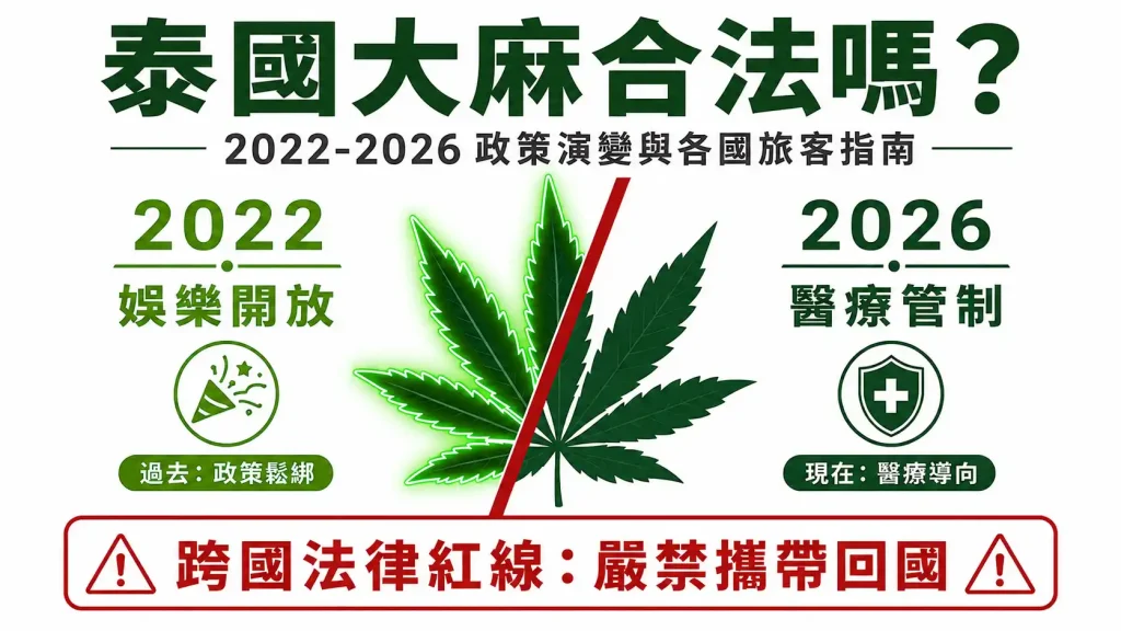泰國大麻法律指南封面圖。採用 2D 扁平插畫設計，頂部大標題為「泰國大麻合法嗎？」。中央展示一片被紅色法律警戒線剖開的大麻葉，對比「2022 娛樂開放」與「2026 醫療管制」的政策演變，底部標註「跨國法律紅線：嚴禁攜帶回國」之安全警示