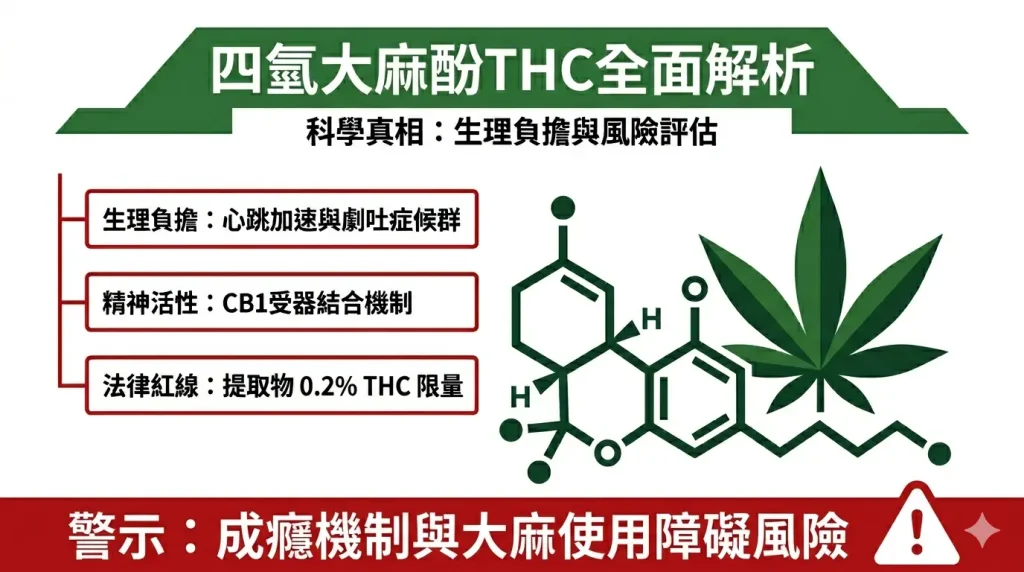 Infographic titled "Comprehensive Analysis of Tetrahydrocannabinol THC" detailing scientific facts on physiological burden, CB1 receptor binding mechanism, 0.2 percent legal limit, and addiction risk warnings, featuring a THC chemical structure and cannabis leaf illustration.