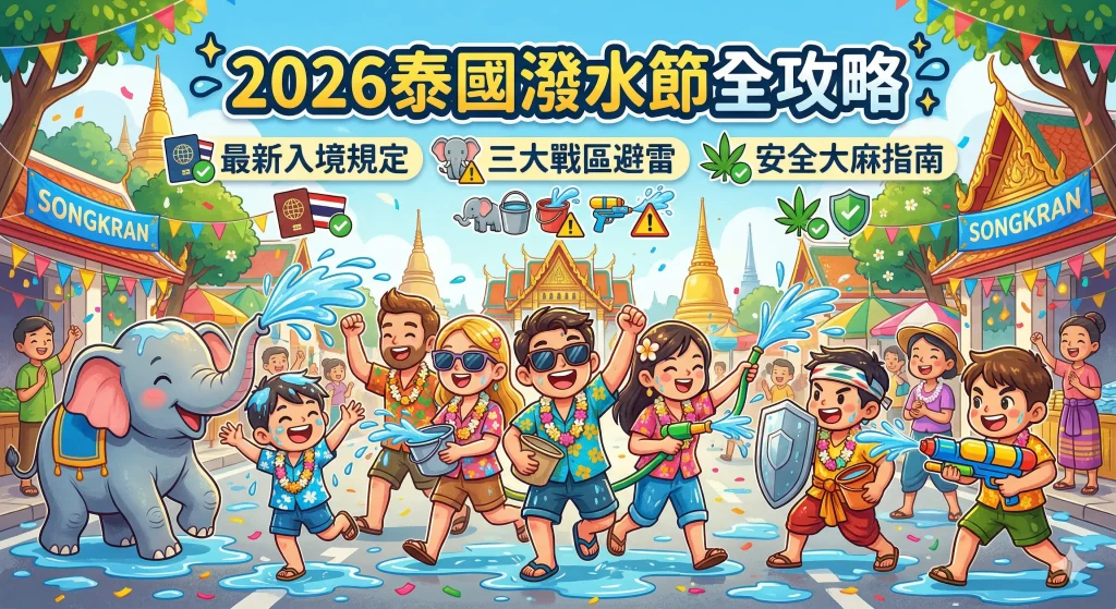 2026 泰國潑水節攻略插畫：包含最新入境規定、三大戰區避雷與安全大麻指南，Q 版風格遊客