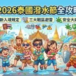 2026 泰國潑水節攻略插畫：包含最新入境規定、三大戰區避雷與安全大麻指南，Q 版風格遊客