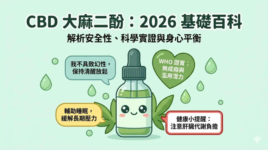 2026 CBD 大麻二酚基礎百科圖解：解析安全性與科學實證。插圖包含可愛 CBD 滴瓶並標註四大重點：不具致幻性、WHO 證實無成癮潛力、助眠緩解壓力，以及注意肝臟代謝負擔。