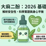 2026 CBD 大麻二酚基礎百科圖解：解析安全性與科學實證。插圖包含可愛 CBD 滴瓶並標註四大重點：不具致幻性、WHO 證實無成癮潛力、助眠緩解壓力，以及注意肝臟代謝負擔。