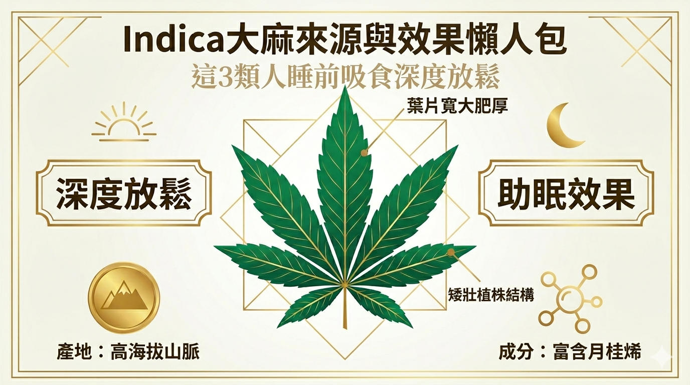 Indica大麻效果全解析封面。圖中包含 2D 向量大麻葉片插畫，標記 Indica 矮壯植株特徵、興都庫什高山產地、月桂烯成分，以及深度放鬆與助眠能力。採用奢華色調與繁體中文專業排版。