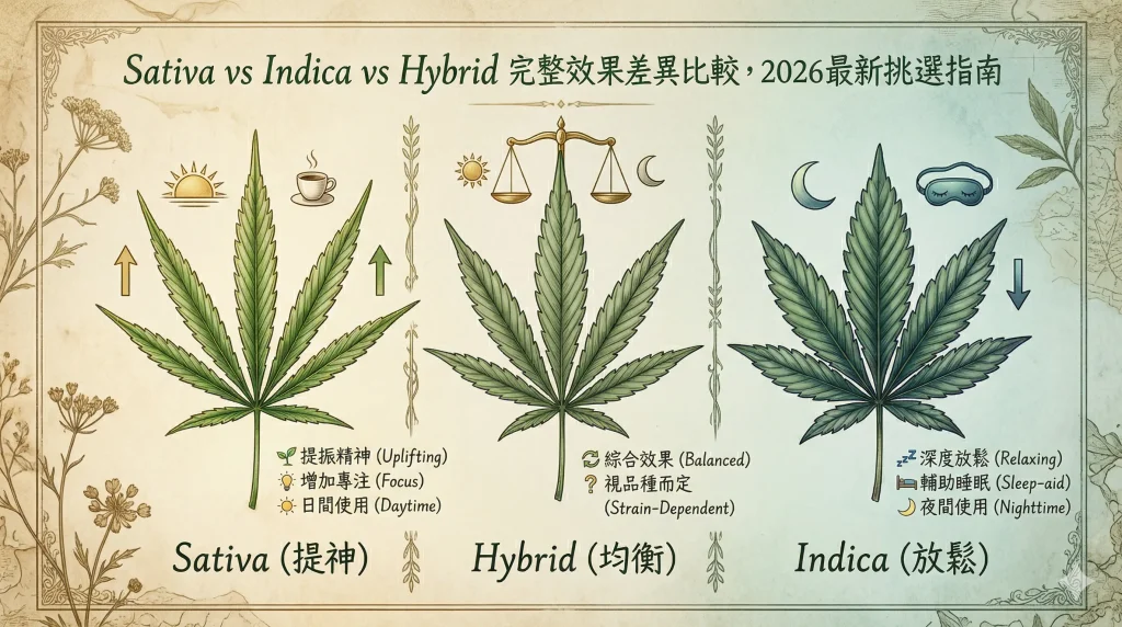 A 2026 cannabis selection guide comparing Sativa, Hybrid, and Indica. On the left, a Sativa leaf with a sun and coffee icon is labeled "Uplifting," "Focus," and "Daytime." In the middle, a Hybrid leaf with a balance scale is labeled "Balanced" and "Strain-Dependent." On the right, an Indica leaf with a moon and sleep mask icon is labeled "Relaxing," "Sleep-aid," and "Nighttime."