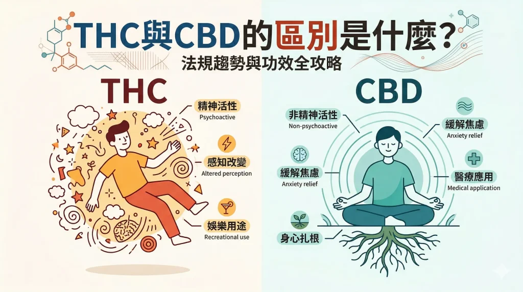 An educational infographic titled "What is the difference between THC and CBD?" The left side (THC) features an illustration of a person floating amidst swirling shapes, labeled "Psychoactive," "Altered perception," and "Recreational use." The right side (CBD) shows a person in a meditative pose with roots growing into the ground, labeled "Non-psychoactive," "Anxiety relief," and "Medical application."