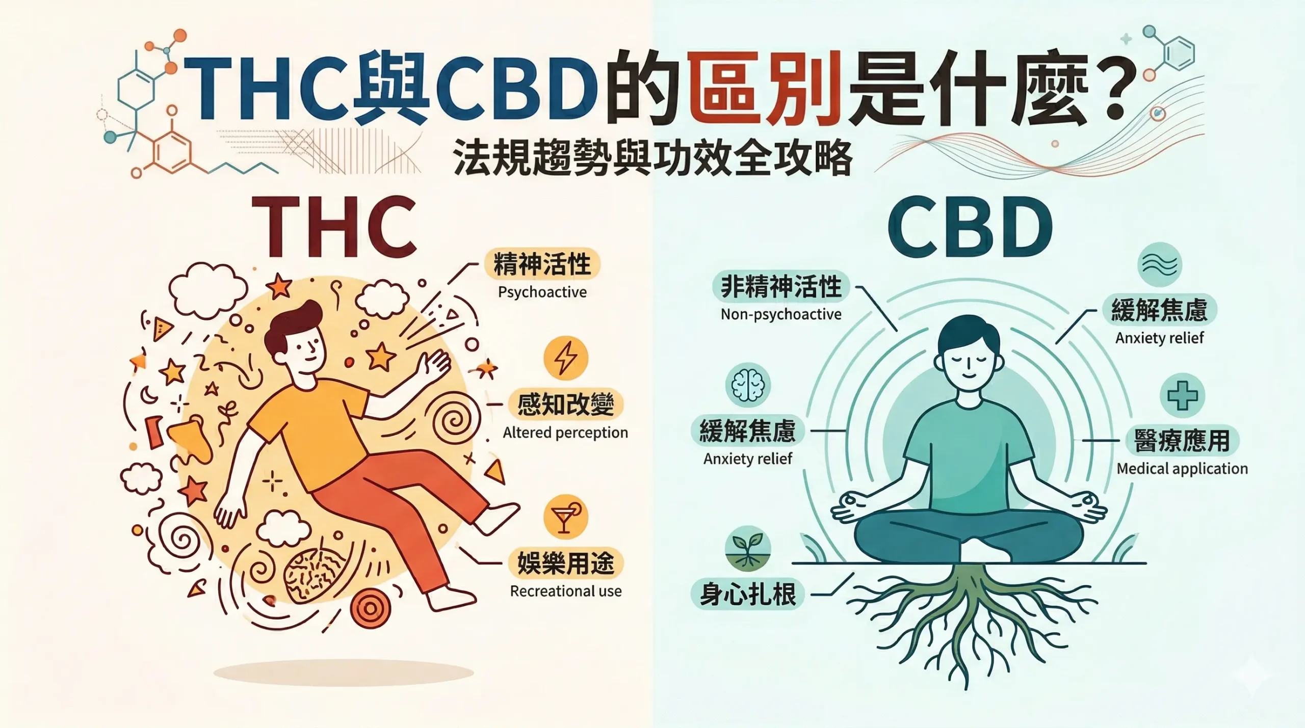 An educational infographic titled "What is the difference between THC and CBD?" The left side (THC) features an illustration of a person floating amidst swirling shapes, labeled "Psychoactive," "Altered perception," and "Recreational use." The right side (CBD) shows a person in a meditative pose with roots growing into the ground, labeled "Non-psychoactive," "Anxiety relief," and "Medical application."