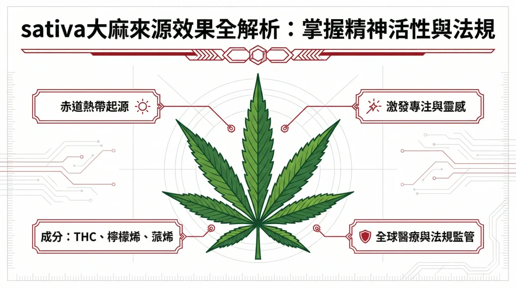 A detailed diagram of a Sativa cannabis leaf with four informational callouts. The text boxes describe its "Equatorial Tropical Origin," its effects for "Stimulating Focus and Inspiration," its chemical components including "THC, Limonene, and Pinene," and a note on "Global Medical and Regulatory Supervision."