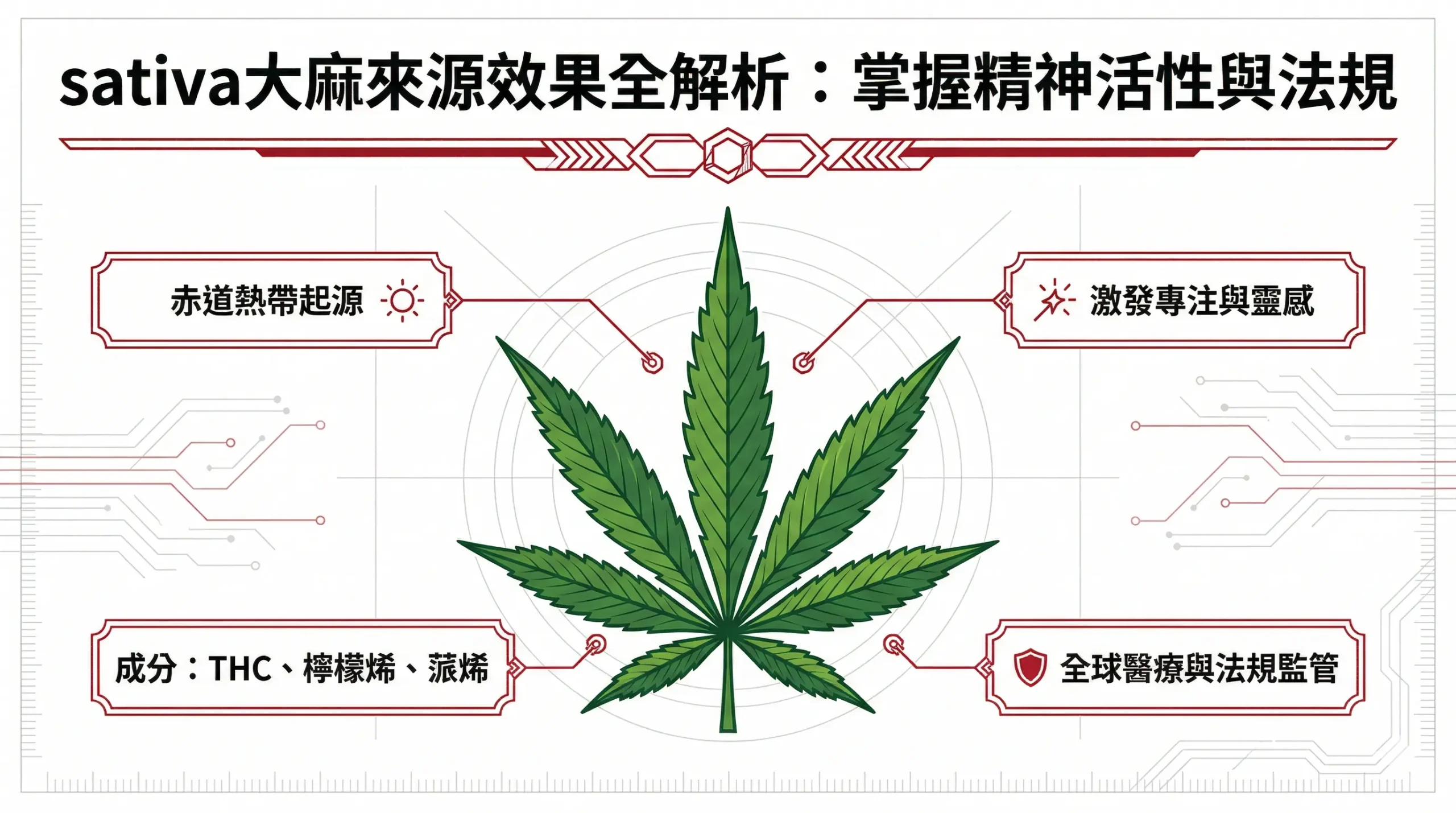 A detailed diagram of a Sativa cannabis leaf with four informational callouts. The text boxes describe its "Equatorial Tropical Origin," its effects for "Stimulating Focus and Inspiration," its chemical components including "THC, Limonene, and Pinene," and a note on "Global Medical and Regulatory Supervision."