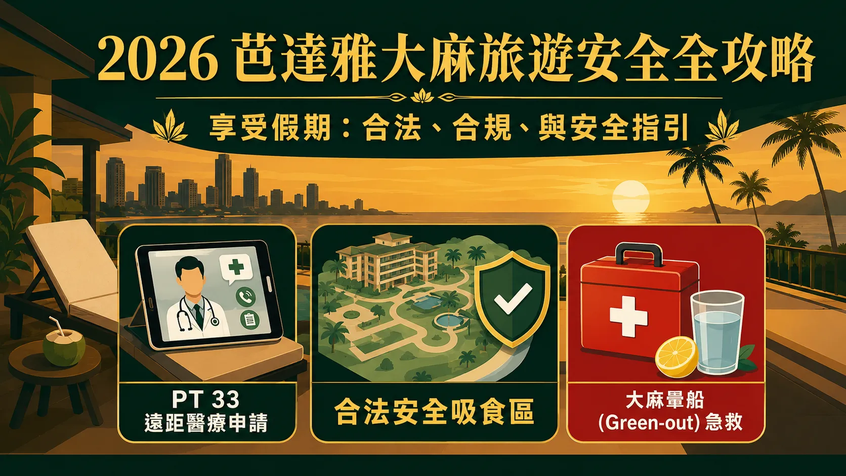 2026 芭達雅綠色生活與旅遊實務指南系列封面。橫向 16:9 資訊圖表，涵蓋喬木提恩 Pool Villa 空間法規、一日遊泰式按摩品種搭配、跨府移動交通規範、以及數位遊牧族每月處方箋續簽流程。