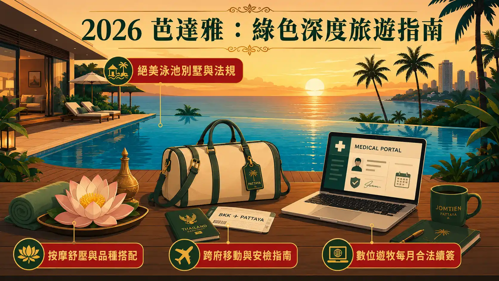 2026 芭達雅奢華度假與大麻旅遊指南封面。採用 Pool Villa 泳池畔與夕陽海景的 2D 扁平插畫風格，包含別墅空間法規、行程品種建議、曼谷至芭達雅跨府安檢規範、以及數位遊牧族長住續簽流程。