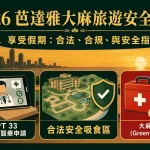 2026 芭達雅綠色生活與旅遊實務指南系列封面。橫向 16:9 資訊圖表,涵蓋喬木提恩 Pool Villa 空間法規、一日遊泰式按摩品種搭配、跨府移動交通規範、以及數位遊牧族每月處方箋續簽流程。