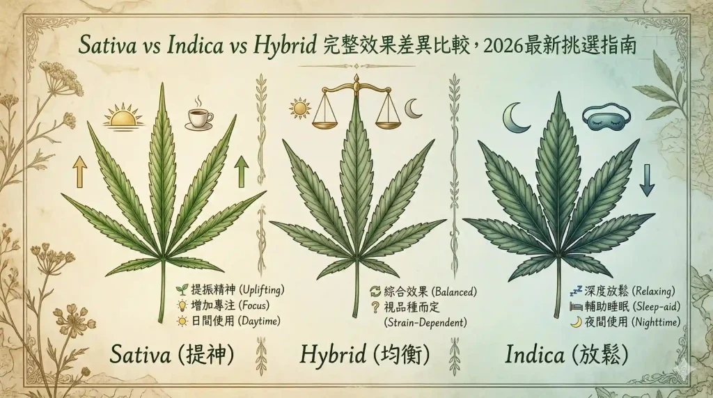 A 2026 cannabis selection guide comparing Sativa, Hybrid, and Indica. On the left, a Sativa leaf with a sun and coffee icon is labeled "Uplifting," "Focus," and "Daytime." In the middle, a Hybrid leaf with a balance scale is labeled "Balanced" and "Strain-Dependent." On the right, an Indica leaf with a moon and sleep mask icon is labeled "Relaxing," "Sleep-aid," and "Nighttime."